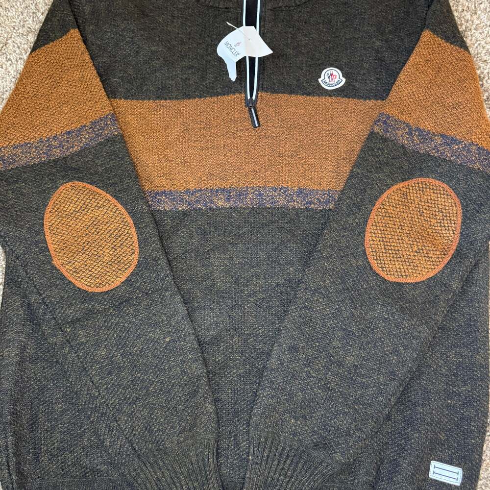 Moncler Men's Brown & black 1/4 Zip Sweater with Elbow Patches - Size xxl